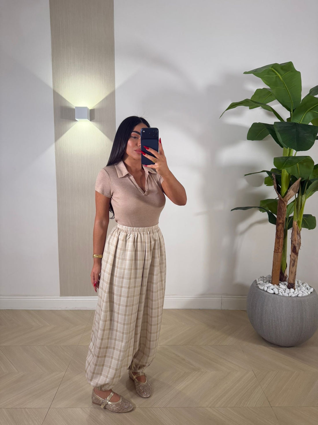 Pantalone a Quadri Camel