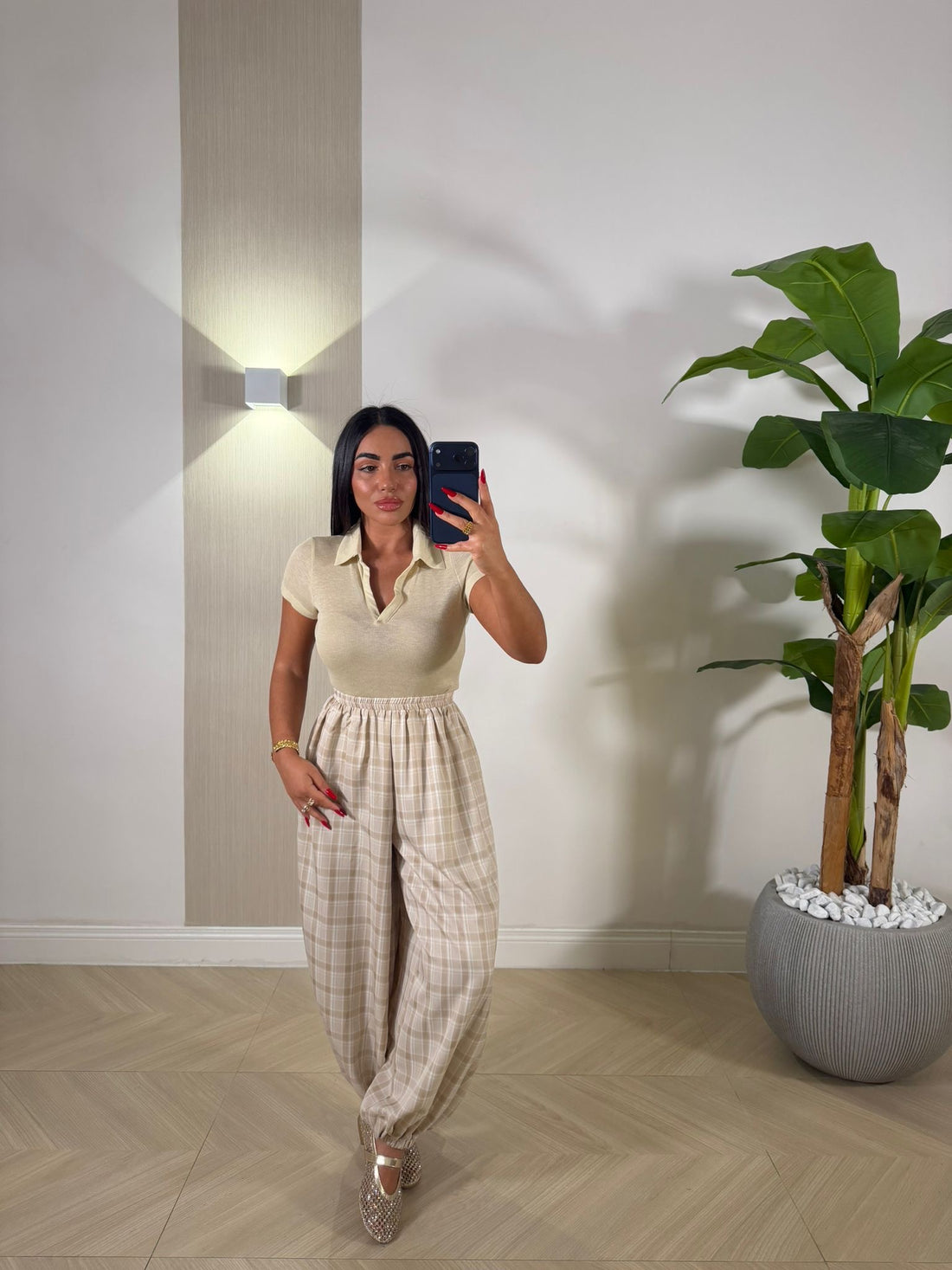 Pantalone a Quadri Camel